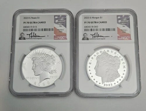 2023-S Pf70 モーガン＆ピースセット、トーマス・ウラムのサイン入り