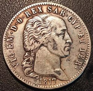 イタリア - サルデーニャ - ヴィットーリオ・エマヌエーレ1世 - 5リラ銀貨 1817年 THE / OF 希少! Km#