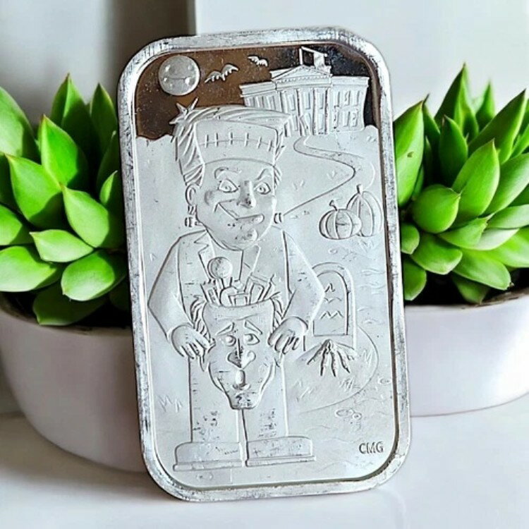 2022 CMGミント - トランプ ハロウィーン トランペンシュタイン - 1オンス .999 純銀バー #59/125