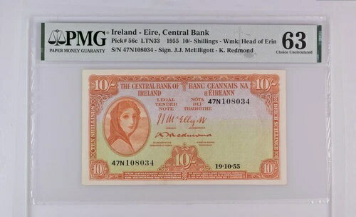 アイルランド 10シリング レディ・ラバリー・アイリッシュ 19.10.55 PMG 63 UNC レドモンド 47N 108 034