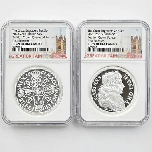 2023年 偉大な彫刻家 2ピース 2オンス 英国 嘆願書 クラウン PF 69 シルバー NGC F/R