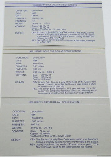 WORLD RESOURCE【KING店】の1986年米国リバティコインセット - 5ドル金貨、1ドル銀貨、0.5ドル銀貨、鑑定書と箱付き｜アングル3