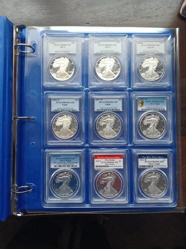 9枚のシルバーイーグルス、PCGS PR69 DCAM、1987s、89s、2002w、06w、07w、13w、16w、18w、22w、バイン..