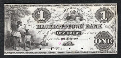 1800年代の1ドル紙幣（ニュージャージー州ハケットタウン銀行発行） 旧式プルーフ紙幣（未流通）