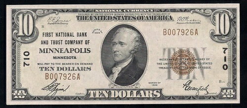 1929年 10ドル ミネアポリス・ファースト・ナショナル・バンク＆トラスト・カンパニー、ミネソタ州 #710 GEM UNC