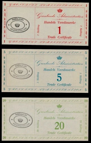 グリーンランド 1 5 20 スキリング M8 9 10 セット 1942 デンマーク 貿易 UNC 通貨 紙幣(3)