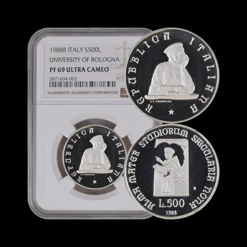 イタリア。1988年、500リラ、銀貨 - NGC PF69 - トップポップ??ボローニャ大学