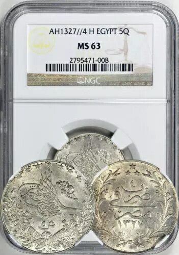 エジプト銀貨 5 キルシュ AH1327 第4年（1912年）。NGC MS-63。最高グレードの一つ！