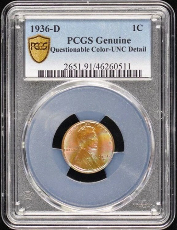 1936-D 1C リンカーン ウィート セント PCGS MS レインボートーン(3)