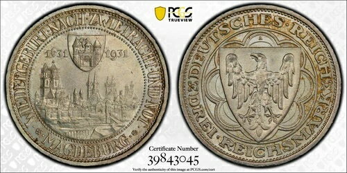 1931年A ドイツ ワイマール共和国 3マルク銀貨 マクデブルク PCGS UNC-詳細
