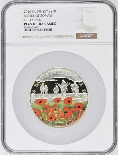 トップポップ - 2016年ガーンジー 5オンス シルバー 10ポンド ソンムの戦い プルーフ NGC PF69