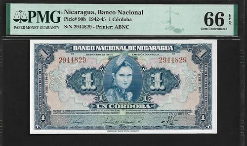 ニカラグア 1 コルドバ 1945 PMG 66 EPQ UNC P # 90b Banco Nacional Printer ABNC