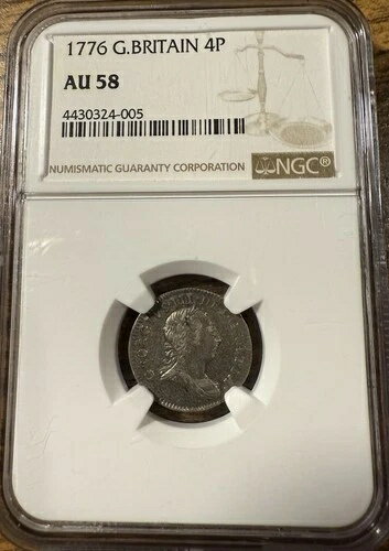1776年 イギリス 4ペンス (4P) ジョージ3世記念聖別銀貨 - NGC AU58 - 希少!(3)