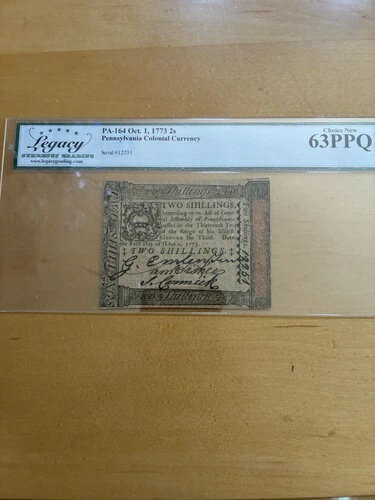 ペンシルベニア植民地通貨、2シリング、レガシー63PPQ。1773年10月1日