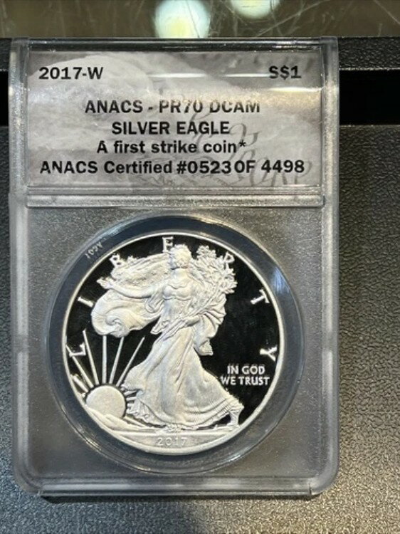 2017-W アメリカンシルバーイーグルプルーフ 1ドル - ANACS PR70 DCAM ファーストストライク 4498枚中523枚