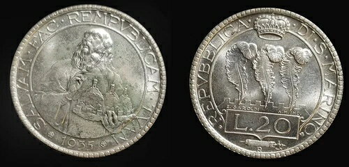 サンマリノ 1935 20リラ、高品位、光沢、シャープ、少量発行 10,000枚