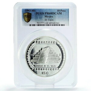 メキシコ 10ペソ プレコロンビアン ピラミッド エル・タヒン PR68 PCGS 5オンス 銀貨 1993年