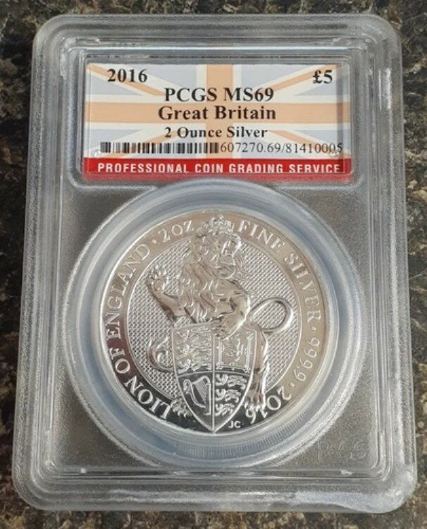 (RI4)2016年 イギリス女王の獣 イングランドのライオン 2オンス 銀貨 PCGS MS69