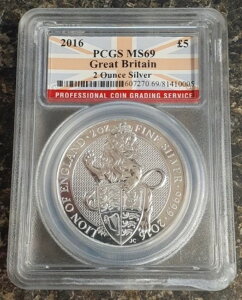 (RI4)2016年 イギリス女王の獣 イングランドのライオン 2オンス 銀貨 PCGS MS69