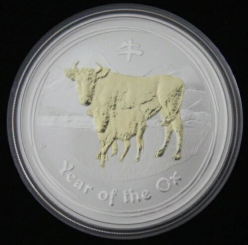 2009年 1ドル 1オンス オーストラリア丑年 銀貨 金メッキ COA付き、箱・ケースなし(3)