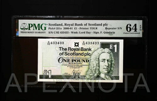 [リピーターS/N] スコットランド 1ポンド 2000 2001 P351 PMG 64 CU UNC EPQ ファンシーNO 433433