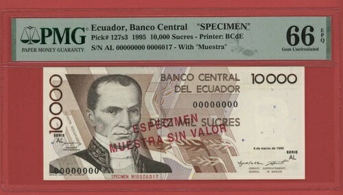 楽天WORLD RESOURCE【KING店】エクアドル 標本 10000 SUCRES 1995 AL PICK # 127s3 PMG 66 GEM 未流通 EPQ。