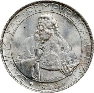 サンマリノ 1938-R 20リラ銀貨、未流通、PCGS認定 MS64