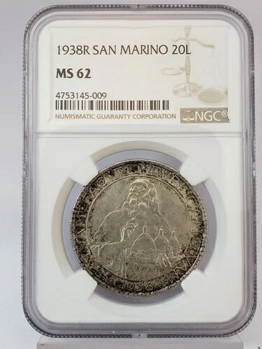 1938年R サンマリノ 20リラ銀貨 NGC MS 62 未流通 *低鋳造枚数* (12NG)