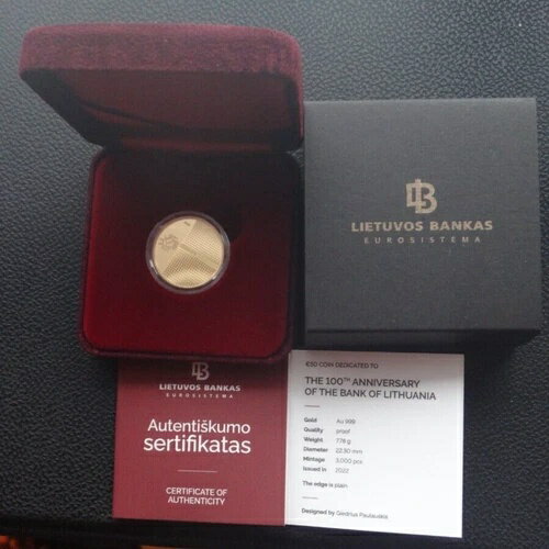 リトアニア 2022年 50ユーロ金貨 リトアニア銀行創立100周年記念