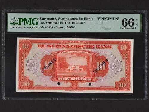 スリナム：P-89、10グルデン、1941-2 *第二次世界大戦*標本*PMG Gem UNC 66 EPQ*