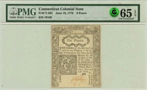 1776年6月19日 6ペンス コネチカット植民地紙幣 CT-205 PMG 65 EPQ GCC グリーン