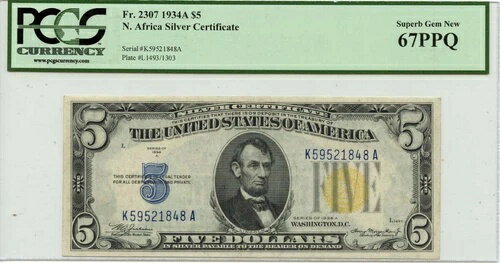 1934A $5 北アフリカ 第二次世界大戦緊急発行 Fr# 2307 PCGS Superb Gem 67 PPQ