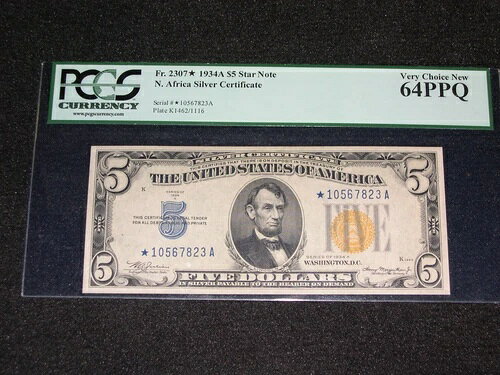 1934A $5 STAR PCGS 64PPQ 北アフリカ銀貨証明書 第二次世界大戦紙幣。Fr 2307*