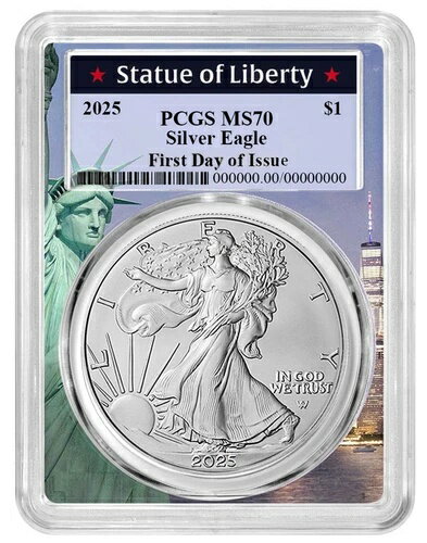 2025 1oz Silver Eagle PCGS MS70 - First Day Issue - Statue Of Liberty商品についてアメリカンイーグルコイン組成：銀発行年：2025年刻印：ビジネス純度：0.999品位：MS 70単位1オンスあたりの貴金属含有量：1オンス製造国／地域：アメリカ合衆国ブランド／造幣局：アメリカ合衆国造幣局認証：PCGS注意事項※以下の注意事項をご理解のうえ、ご購入ください■ 鑑定済みコイン・紙幣について各種コイン・紙幣の鑑定機関（NGC、PCGS、PMGなど）は、収集品の真贋鑑定およびグレーディングを行う専門機関です。鑑定後の商品は、専用ケース（スラブ）に封入され、状態を示すグレードが付与されます。■ グレードについてグレードはコイン・紙幣自体の状態を評価するものであり、ケース自体の品質や状態を保証するものではありません。製造・輸送時の影響により、以下のような状態が発生する場合がございます。- 軽微なスレ傷・拭き傷（特に光の角度で見えるもの）- ケース内部のホコリ・小さな異物（鑑定機関の検品基準を満たしている場合）- ラベルのズレ・わずかな傾きこれらは鑑定機関の基準内であり、返品・交換の対象とはなりませんのでご了承ください。■ ラベルの種類について各鑑定機関では、コイン・紙幣の状態や鑑定の結果に応じて異なるラベルが付与されます。- 通常ラベル（Standard/Regular）：一般的なグレード付き鑑定済みコイン・紙幣- オーセンティック（Authentic）：グレードなしで真贋のみ保証- 詳細グレード（Details）：クリーニング跡やエッジのダメージがあるが本物と認定- 特別ラベル（Special Label）：記念版や特定のデザインの限定ラベル - 例：NGC「Early Releases」「First Releases」、PCGS「First Strike」 などグレードやラベルの種類は、商品画像および説明文をご確認のうえ、ご購入ください。■ 在庫状況について当店の商品は海外から取り寄せております。ご購入のタイミングによっては在庫切れとなる場合がございます。その際はご連絡のうえ、ご注文をキャンセルさせていただく場合がございますので、あらかじめご了承ください。■ ご注文後のキャンセルについてご注文と同時に商品のお取り寄せを開始するため、お客様都合によるキャンセルは承っておりません。■ 配送についてお届けまでに通常2〜3週間ほどかかります。海外の祝日や天候、税関手続きにより通常より配送が遅れる可能性がございます。■ 保証について商品説明に英語で「保証（warranty）」と記載があっても、日本国内では適用されませんのでご了承ください。 当店では、商品到着後7日以内の初期不良に限り、対応させていただきます。 （返品規約の詳細については、楽天市場内の会社概要欄下部をご参照ください。）■ 商品の色・素材感について撮影環境やモニター設定により、実際の商品と色味や質感が異なる場合がございます。■ 価格変動について希少性の高い商品は市場価格の変動により、追加料金をお願いする場合がございます。追加料金に同意いただけない場合には、ご注文のキャンセルが可能ですので、ご安心ください。■ その他サービスについて海外製品の輸入代行も承っております。ショップに掲載されていない商品でもお探し可能ですので、お気軽にご相談ください。尚、業者販売（業販）や複数購入の場合、割引対応も可能です。ご希望の方はお問い合わせください。