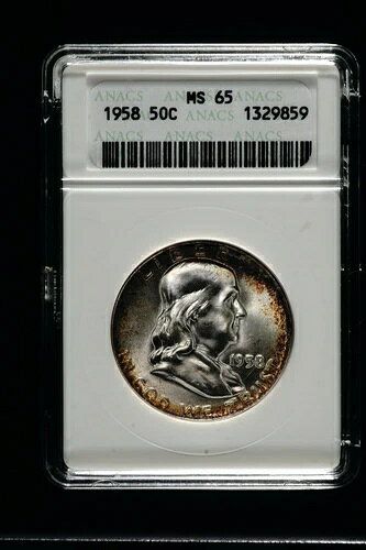 1958年フランクリン・ハーフダラー銀貨、ANACS MS65ソープボックス、タイプ2トーン、RDV-002