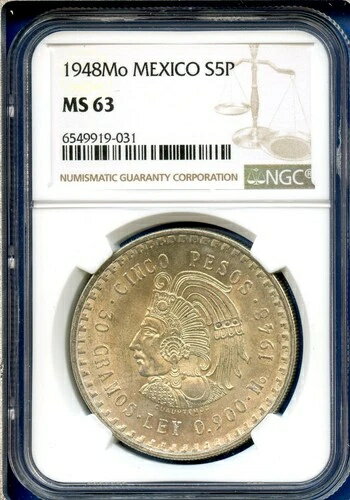 1948 Mo メキシコ NGC MS63 シルバー 5 ペソ S5P シンコ ペソ クアウテモック MS-63