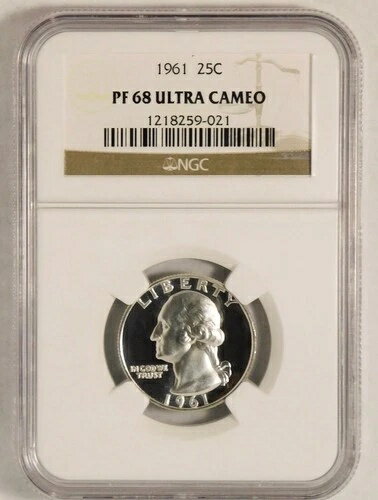 1961 Silver Washington Quarter High Grade! NGC Gem Proof 68 UC商品について流通/非流通額面：25セントコイン：ワシントン材質：銀発行年：1961年刻印：プルーフグレード：PR 68造幣局所在地：フィラデルフィア製造国/地域：アメリカ合衆国認証：NGC注意事項※以下の注意事項をご理解のうえ、ご購入ください■ 鑑定済みコイン・紙幣について各種コイン・紙幣の鑑定機関（NGC、PCGS、PMGなど）は、収集品の真贋鑑定およびグレーディングを行う専門機関です。鑑定後の商品は、専用ケース（スラブ）に封入され、状態を示すグレードが付与されます。■ グレードについてグレードはコイン・紙幣自体の状態を評価するものであり、ケース自体の品質や状態を保証するものではありません。製造・輸送時の影響により、以下のような状態が発生する場合がございます。- 軽微なスレ傷・拭き傷（特に光の角度で見えるもの）- ケース内部のホコリ・小さな異物（鑑定機関の検品基準を満たしている場合）- ラベルのズレ・わずかな傾きこれらは鑑定機関の基準内であり、返品・交換の対象とはなりませんのでご了承ください。■ ラベルの種類について各鑑定機関では、コイン・紙幣の状態や鑑定の結果に応じて異なるラベルが付与されます。- 通常ラベル（Standard/Regular）：一般的なグレード付き鑑定済みコイン・紙幣- オーセンティック（Authentic）：グレードなしで真贋のみ保証- 詳細グレード（Details）：クリーニング跡やエッジのダメージがあるが本物と認定- 特別ラベル（Special Label）：記念版や特定のデザインの限定ラベル - 例：NGC「Early Releases」「First Releases」、PCGS「First Strike」 などグレードやラベルの種類は、商品画像および説明文をご確認のうえ、ご購入ください。■ 在庫状況について当店の商品は海外から取り寄せております。ご購入のタイミングによっては在庫切れとなる場合がございます。その際はご連絡のうえ、ご注文をキャンセルさせていただく場合がございますので、あらかじめご了承ください。■ ご注文後のキャンセルについてご注文と同時に商品のお取り寄せを開始するため、お客様都合によるキャンセルは承っておりません。■ 配送についてお届けまでに通常2〜3週間ほどかかります。海外の祝日や天候、税関手続きにより通常より配送が遅れる可能性がございます。■ 保証について商品説明に英語で「保証（warranty）」と記載があっても、日本国内では適用されませんのでご了承ください。 当店では、商品到着後7日以内の初期不良に限り、対応させていただきます。 （返品規約の詳細については、楽天市場内の会社概要欄下部をご参照ください。）■ 商品の色・素材感について撮影環境やモニター設定により、実際の商品と色味や質感が異なる場合がございます。■ 価格変動について希少性の高い商品は市場価格の変動により、追加料金をお願いする場合がございます。追加料金に同意いただけない場合には、ご注文のキャンセルが可能ですので、ご安心ください。■ その他サービスについて海外製品の輸入代行も承っております。ショップに掲載されていない商品でもお探し可能ですので、お気軽にご相談ください。尚、業者販売（業販）や複数購入の場合、割引対応も可能です。ご希望の方はお問い合わせください。