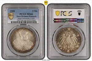 コイン シルバー ザクセン ワイマール アイゼナハ 5 マーク 1908 ユニ イエナ PCGS MS66 nswleipzig