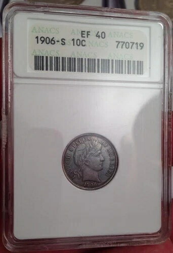 1906-S バーバー シルバーダイム - ANACS EF 40 - 希少な日付 Sミント、ダークパープルトーン(3)