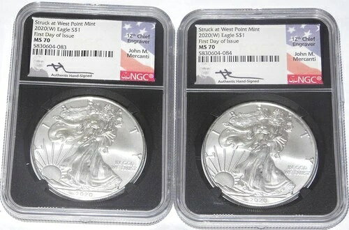 2020 (W) アメリカン シルバー イーグル $1 NGC MS-70 発行初日ロット 2 枚セット(3)