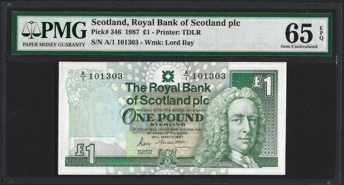 ロイヤルバンク・オブ・スコットランド 1ポンド 1987年、P-346 RARE A/1 101303、PMG 65 EPQ Gem UNC