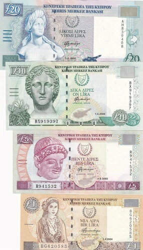 キプロス、1-5-10-20ポンド、2003\2005、UNC、p60; p63、（合計4枚の紙幣）