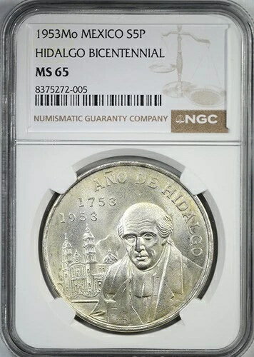 1953年 モ・メキシコ 銀貨 5ペソ S5P イダルゴ建国200周年 NGC MS65