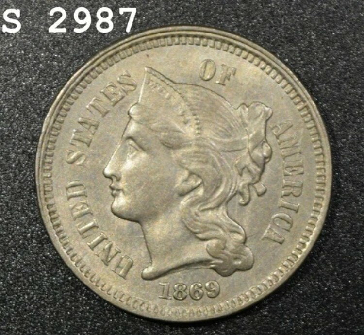 1869年 3セント硬貨（ニッケル）「CH BU」 *1点目以降は送料無料*