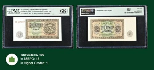 1945 ドイツ民主共和国 5 ドイツマルク P# 11b PMG 68EPQ UNC トップポップ 2!(3)