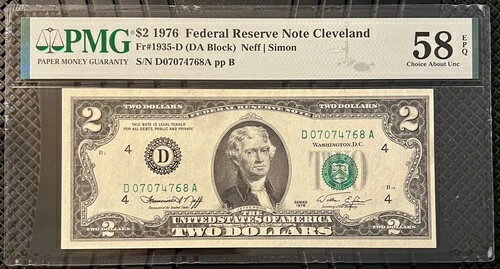 1976 $2 FRN 200周年記念 (D 07074768 A) 独立宣言日 PMG 58