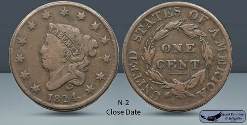 1824年 N-2 クローズデイト、マトロンヘッド ラージセント、細部まで良好、軽い擦り傷あり、C8158