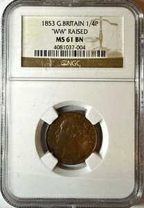 1853年 英国 1/4ペンス ファージング RAISED "WW" NGC MS 61 BN - 見事なチョコレートパティナ