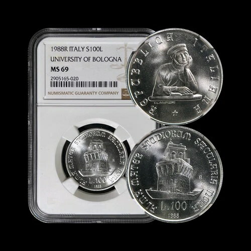 イタリア。1988年、100リラ、R、シルバー - NGC MS69 - トップポップ??ボローニャ大学