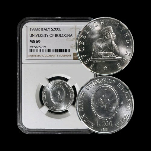 イタリア。1988年、200リラ、R、シルバー - NGC MS69 - トップポップ ?? ボローニャ大学